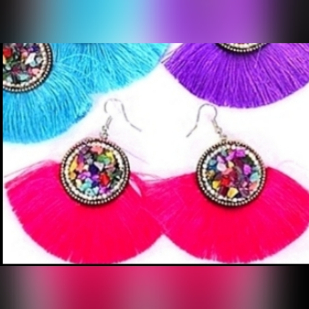 Tassel Fan Fringe Statement Earrings *PINK on stainless ear wires NEW